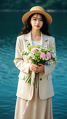 JPG 모델 편집이미지 여자 호수 물결 꽃다발 한명 들기 성인 물가 봄여행 챙모자 의료성형뷰티 성인여자한명만 편집실사 AI인물포토 AI콘텐츠 모자_잡화 1 꽃 여행 모션 사람 풍경 봄 CG 여자한명만 성인여자만 파일형식 AI포토