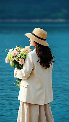 JPG 모델 편집이미지 여자 호수 물결 꽃다발 한명 들기 성인 물가 봄여행 챙모자 의료성형뷰티 성인여자한명만 편집실사 AI인물포토 AI콘텐츠 모자_잡화 1 꽃 여행 모션 사람 풍경 봄 CG 여자한명만 성인여자만 파일형식 AI포토