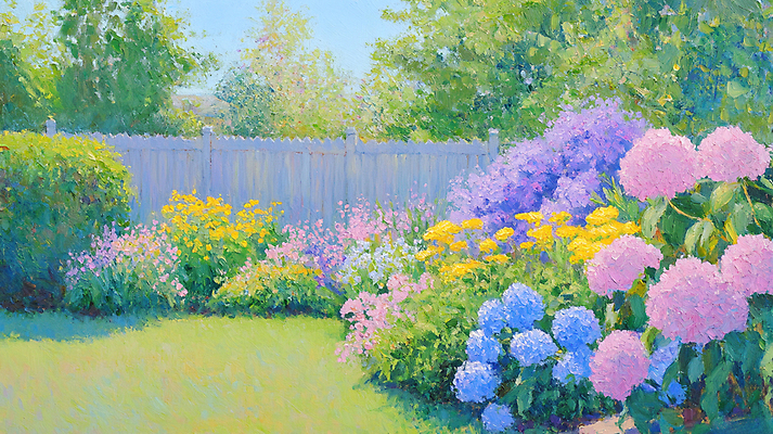 JPG 꽃밭 일러스트 잔디 사람없음 야외 햇빛 정원 봄풍경 풀 감성 나무울타리 유화 국내일러스트 AI일러스트 AI콘텐츠 식물 꽃 컨셉 미술 풍경 울타리 태양 봄 파일형식