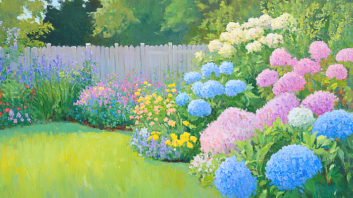 JPG 꽃밭 일러스트 잔디 사람없음 야외 햇빛 정원 봄풍경 풀 감성 나무울타리 유화 국내일러스트 AI일러스트 AI콘텐츠 식물 꽃 컨셉 미술 풍경 울타리 태양 봄 파일형식