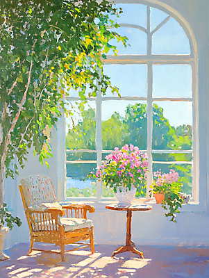 JPG 나무 화분 의자 일러스트 하늘 실내 사람없음 햇빛 꽃병 봄풍경 창가 감성 원형탁자 유화 국내일러스트 AI일러스트 AI콘텐츠 식물 꽃 가구 컨셉 창문 탁자 미술 풍경 내부 태양 봄 파일형식