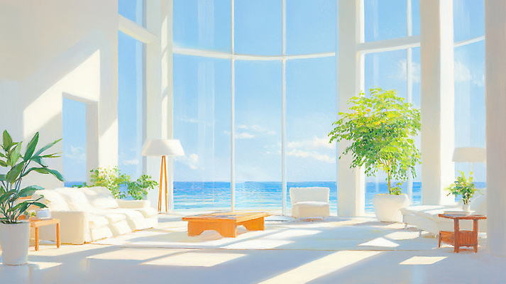 JPG 나무 구름 화분 바다 거실 일러스트 탁자 하늘 실내 사람없음 소파 햇빛 봄풍경 풀 창가 감성 유화 국내일러스트 AI일러스트 AI콘텐츠 자연요소 식물 가구 컨셉 의자 창문 미술 풍경 내부 태양 봄 파일형식