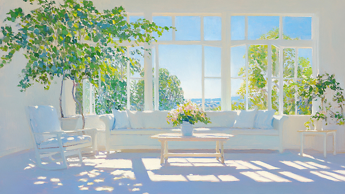 JPG 나무 일러스트 탁자 하늘 선반 실내 사람없음 소파 햇빛 꽃병 봄풍경 창가 감성 유화 국내일러스트 AI일러스트 AI콘텐츠 식물 꽃 가구 컨셉 의자 창문 미술 풍경 내부 태양 봄 파일형식