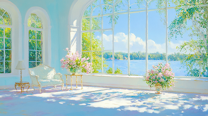 JPG 나무 호수 일러스트 하늘 선반 실내 사람없음 소파 햇빛 꽃병 봄풍경 스탠드 창가 감성 유화 국내일러스트 AI일러스트 AI콘텐츠 식물 꽃 가구 컨셉 의자 창문 조명 미술 풍경 내부 태양 봄 파일형식