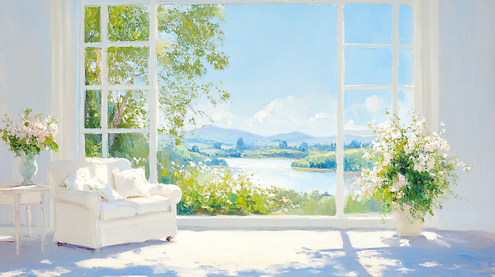 JPG 나무 구름 일러스트 하늘 산 선반 실내 초원 사람없음 강 소파 햇빛 꽃병 봄풍경 창가 감성 유화 국내일러스트 AI일러스트 AI콘텐츠 자연요소 식물 꽃 가구 컨셉 의자 창문 미술 풍경 내부 태양 봄 파일형식