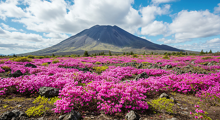 JPG 구름 편집이미지 분홍색 꽃밭 봄꽃 자연 하늘 사람없음 봄풍경 한라산 편집실사 AI포토 AI콘텐츠 자연요소 꽃 컬러 산 풍경 제주도 봄 CG 생태계 파일형식