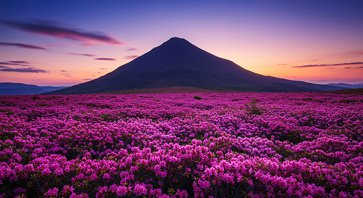 JPG 구름 편집이미지 분홍색 꽃밭 봄꽃 자연 하늘 사람없음 노을 봄풍경 한라산 편집실사 AI포토 AI콘텐츠 자연요소 꽃 컬러 산 풍경 제주도 봄 CG 생태계 파일형식