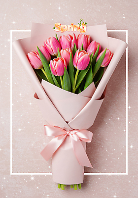 PSD 편집이미지 기념일 리본 분홍색 꽃다발 잎 봄꽃 사각프레임 사람없음 반짝임 튤립 이미지편집 식물 꽃 컬러 모션 프레임 이벤트 사각형 봄 파일형식