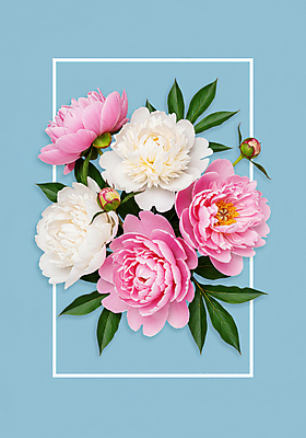 JPG 편집이미지 기념일 하늘색 잎 봄꽃 사각프레임 사람없음 꽃봉오리 모란 작약 이미지편집 편집실사 AI포토 AI콘텐츠 식물 꽃 프레임 이벤트 파란색 사각형 봄 CG 파일형식