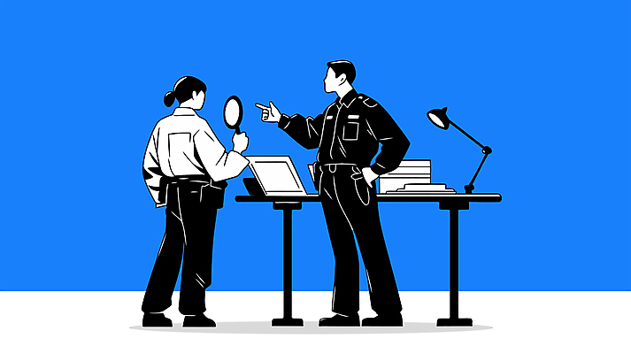 전신 직업 여자 남자 유니폼 일러스트 탁자 돋보기 관리 들기 성인 두명 파란색 노트북 스탠드 가리킴 업무 감독 확인 검사_조사 문서 주머니손 보안 검수 단속 성인만 세관 국내일러스트 AI파일 옷 컬러 가구 모션 조명 안전 사람 손짓 전자제품 작업 파일형식 벡터 관세청