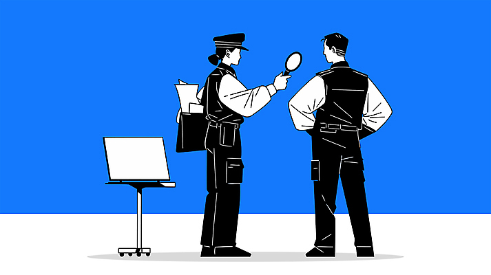 전신 직업 모자 여자 남자 허리손 유니폼 일러스트 돋보기 관리 성인 두명 파란색 업무 감독 확인 검사_조사 보안 크로스백 거치대 검수 단속 성인만 세관 국내일러스트 AI파일 잡화 옷 컬러 포즈 가방 안전 사람 작업 파일형식 벡터 관세청