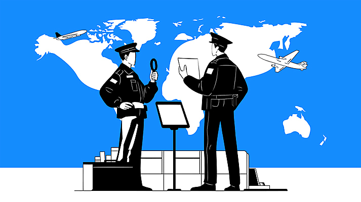 전신 직업 모자 남자 허리손 유니폼 세계지도 일러스트 돋보기 비행기 관리 들기 성인 두명 파란색 업무 감독 확인 검사_조사 보안 거치대 검수 단속 성인남자만 세관 국내일러스트 AI파일 잡화 옷 컬러 포즈 지도 항공교통 모션 대중교통 안전 사람 세계 작업 남자만 성인만 파일형식 벡터 관세청