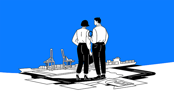 전신 직업 여자 남자 허리손 유니폼 일러스트 돋보기 관리 들기 성인 두명 파란색 업무 감독 확인 검사_조사 문서 보안 검수 단속 선박 성인만 세관 국내일러스트 AI파일 옷 컬러 포즈 수상교통 모션 안전 사람 작업 파일형식 벡터 관세청