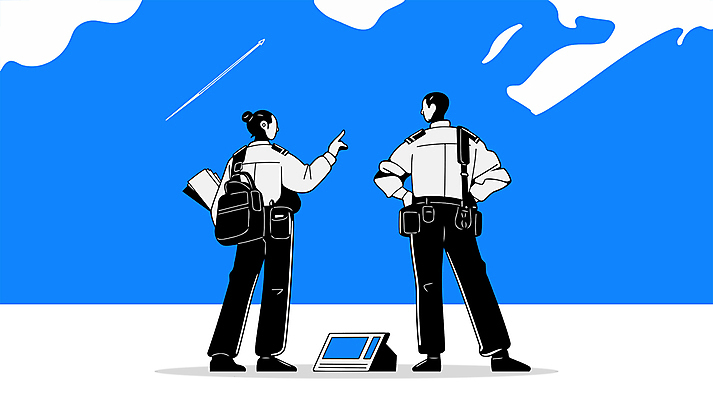 전신 직업 여자 남자 허리손 유니폼 일러스트 배낭 관리 들기 성인 두명 파란색 가리킴 업무 오픈 감독 확인 검사_조사 문서 보안 검수 단속 성인만 세관 국내일러스트 AI파일 옷 컬러 포즈 가방 모션 안전 사람 손짓 작업 파일형식 벡터 관세청