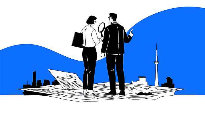 전신 직업 여자 남자 유니폼 일러스트 돋보기 관리 들기 성인 두명 파란색 손들기 탑 도시 업무 감독 확인 검사_조사 문서 보안 검수 단속 성인만 세관 국내일러스트 AI파일 건축물 옷 컬러 모션 안전 사람 작업 파일형식 벡터 관세청