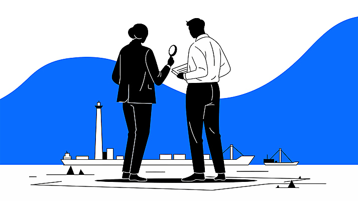 전신 직업 여자 남자 유니폼 일러스트 돋보기 관리 들기 성인 두명 파란색 업무 감독 확인 검사_조사 문서 보안 검수 단속 선박 성인만 세관 국내일러스트 AI파일 옷 컬러 수상교통 모션 안전 사람 작업 파일형식 벡터 관세청