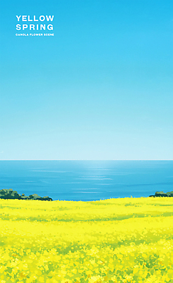 PSD 바다 여행 꽃밭 일러스트 자연 하늘 따뜻함 초원 해변 사람없음 관광지 제주도 노란색 봄풍경 유채 국내일러스트 꽃 컬러 한국 풍경 봄 생태계 파일형식