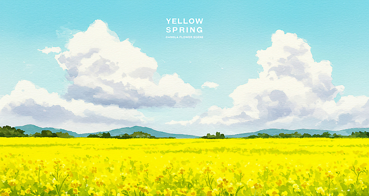 PSD 구름 여행 꽃밭 일러스트 자연 하늘 산 따뜻함 초원 사람없음 관광지 제주도 노란색 봄풍경 유채 국내일러스트 자연요소 꽃 컬러 한국 풍경 봄 생태계 파일형식