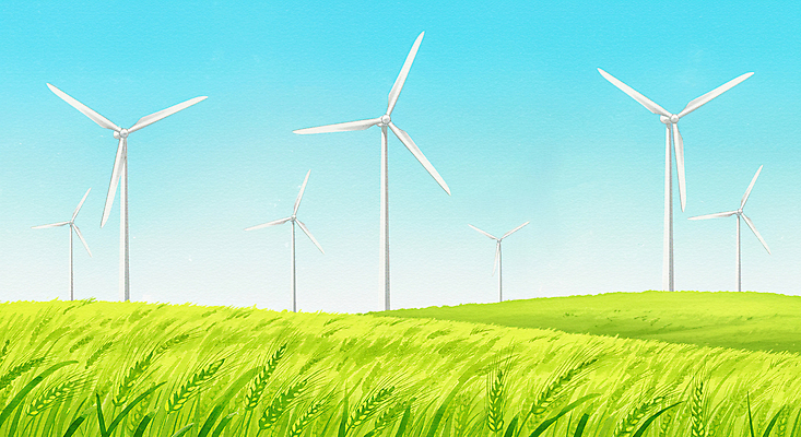 JPG 일러스트 자연 하늘 초원 사람없음 초록색 여름풍경 봄풍경 시원함 풍력기 청보리 청보리밭 국내일러스트 AI일러스트 AI콘텐츠 컬러 밭 풍경 봄 풍력에너지 생태계 보리 파일형식 여름_계절