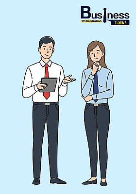 전신 여자 남자 일러스트 회사 넥타이 대화 들기 성인 두명 파란색 태블릿 팔짱 턱괴기 성인만 일러캐릭터 AI파일 캐릭터 잡화 컬러 비즈니스 모션 말하기 사람 전자제품 스마트기기 파일형식 벡터