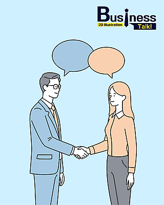 전신 여자 남자 말풍선 일러스트 회사 넥타이 악수 대화 정장 성인 두명 파란색 손잡기 성인만 일러캐릭터 AI파일 캐릭터 잡화 옷 컬러 비즈니스 모션 말하기 사람 손짓 파일형식 벡터