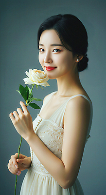 JPG 편집이미지 여자 꽃 한명 미소 들기 상반신 성인 고급 미인 화사함 의료성형뷰티 성인여자한명만 편집실사 AI인물포토 AI콘텐츠 식물 1 컨셉 모션 표정 사람 CG 여자한명만 성인여자만 파일형식 AI포토