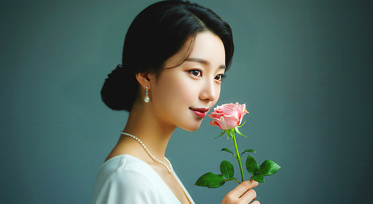 JPG 편집이미지 여자 꽃 목걸이 한명 미소 들기 상반신 성인 귀걸이 고급 미인 화사함 의료성형뷰티 성인여자한명만 편집실사 AI인물포토 AI콘텐츠 식물 1 컨셉 장신구 모션 표정 사람 CG 여자한명만 성인여자만 파일형식 AI포토