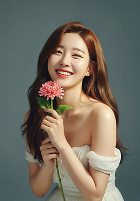 JPG 편집이미지 여자 꽃 한명 미소 들기 상반신 성인 고급 미인 화사함 의료성형뷰티 성인여자한명만 편집실사 오프숄더 AI인물포토 AI콘텐츠 식물 1 컨셉 상의 모션 표정 사람 CG 여자한명만 성인여자만 파일형식 AI포토