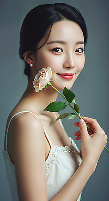 JPG 편집이미지 여자 꽃 한명 미소 들기 상반신 성인 귀걸이 고급 미인 화사함 의료성형뷰티 성인여자한명만 편집실사 AI인물포토 AI콘텐츠 식물 1 컨셉 장신구 모션 표정 사람 CG 여자한명만 성인여자만 파일형식 AI포토