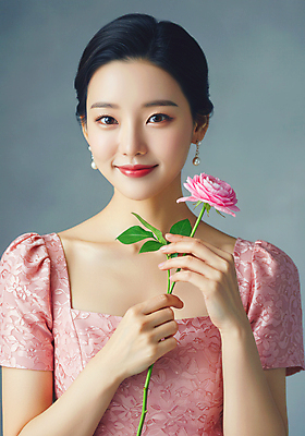 JPG 편집이미지 여자 꽃 한명 미소 들기 상반신 성인 앞모습 귀걸이 고급 미인 화사함 의료성형뷰티 성인여자한명만 편집실사 AI인물포토 AI콘텐츠 식물 1 뷰포인트 컨셉 장신구 모션 표정 사람 CG 여자한명만 성인여자만 파일형식 AI포토