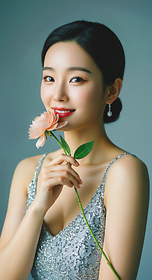 JPG 편집이미지 여자 꽃 한명 미소 들기 상반신 성인 귀걸이 고급 미인 화사함 의료성형뷰티 성인여자한명만 편집실사 AI인물포토 AI콘텐츠 식물 1 컨셉 장신구 모션 표정 사람 CG 여자한명만 성인여자만 파일형식 AI포토