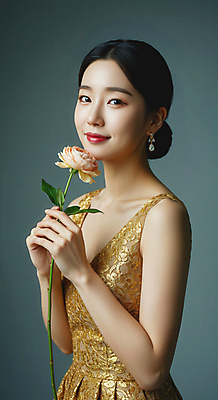 JPG 편집이미지 여자 꽃 한명 미소 들기 상반신 성인 귀걸이 고급 미인 화사함 의료성형뷰티 성인여자한명만 편집실사 AI인물포토 AI콘텐츠 식물 1 컨셉 장신구 모션 표정 사람 CG 여자한명만 성인여자만 파일형식 AI포토