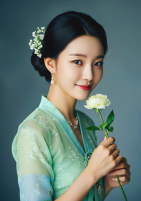 JPG 편집이미지 여자 꽃 목걸이 한명 미소 들기 상반신 성인 귀걸이 고급 미인 화사함 의료성형뷰티 성인여자한명만 편집실사 AI인물포토 AI콘텐츠 식물 1 컨셉 장신구 모션 표정 사람 CG 여자한명만 성인여자만 파일형식 AI포토