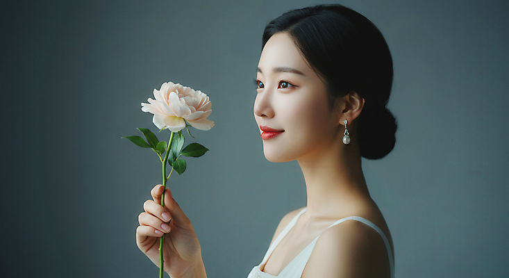 JPG 편집이미지 여자 꽃 한명 미소 들기 상반신 성인 귀걸이 고급 미인 화사함 의료성형뷰티 성인여자한명만 편집실사 AI인물포토 AI콘텐츠 식물 1 컨셉 장신구 모션 표정 사람 CG 여자한명만 성인여자만 파일형식 AI포토