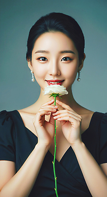 JPG 편집이미지 여자 꽃 한명 미소 들기 상반신 성인 앞모습 귀걸이 고급 미인 화사함 의료성형뷰티 성인여자한명만 편집실사 AI인물포토 AI콘텐츠 식물 1 뷰포인트 컨셉 장신구 모션 표정 사람 CG 여자한명만 성인여자만 파일형식 AI포토