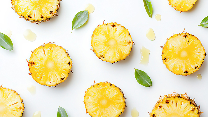 JPG 편집이미지 백그라운드 잎 단면 사람없음 노란색 신선 파인애플 슬라이스 상큼 과즙 편집실사 AI포토 AI콘텐츠 식물 컬러 과일 CG 열대과일 파일형식