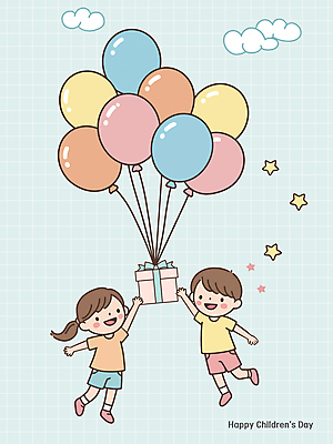 전신 구름 여자 남자 행복 별 어린이 하늘색 일러스트 미소 소녀 소년 두명 선물상자 손들기 점프 어린이날 즐거움 가정의달 풍선 어린이만 국내일러스트 AI파일 자연요소 기념일 감정 모션 표정 선물 사람 파란색 상자 5월 파일형식 벡터