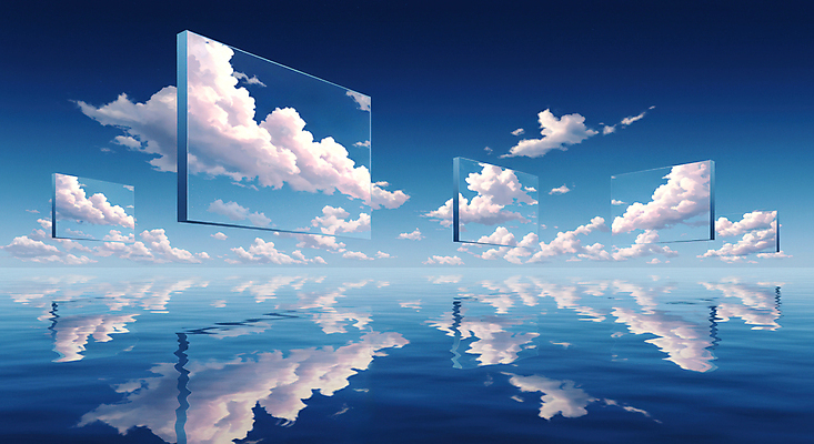 JPG 구름 편집이미지 물결 하늘 사람없음 파란색 반사 꿈 수면 패널 몽환 편집실사 AI컴퓨터그래픽 AI콘텐츠 자연요소 컬러 컨셉 물 CG 파일형식