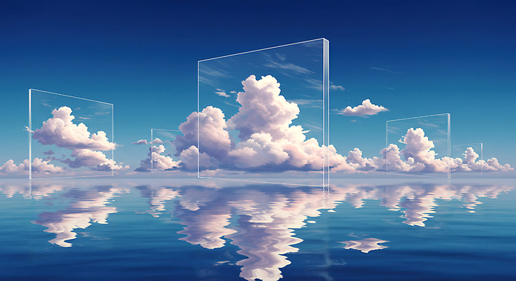 JPG 구름 편집이미지 물결 하늘 사람없음 파란색 반사 꿈 수면 패널 몽환 편집실사 AI컴퓨터그래픽 AI콘텐츠 자연요소 컬러 컨셉 물 CG 파일형식