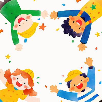 JPG 여자 남자 행복 어린이 일러스트 미소 소녀 소년 여러명 상반신 컬러풀 파티 우정 만세 어린이날 즐거움 꽃가루 유치원모자 어린이만 국내일러스트 AI일러스트 AI콘텐츠 모자_잡화 기념일 감정 컬러 다수 모션 표정 사람 이벤트 친구 가루 파일형식