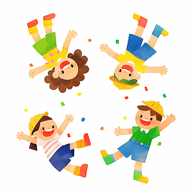 JPG 전신 여자 남자 행복 어린이 일러스트 미소 웃음 소녀 소년 여러명 컬러풀 파티 손들기 점프 축제 만세 축하 어린이날 즐거움 꽃가루 유치원모자 어린이만 단체사진 국내일러스트 AI일러스트 AI콘텐츠 모자_잡화 기념일 감정 컬러 다수 컨셉 모션 표정 사람 이벤트 가루 기념사진 파일형식