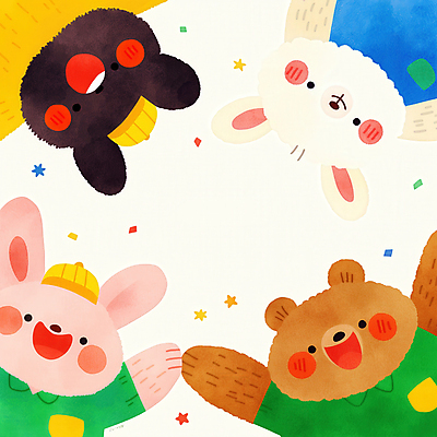 JPG 일러스트 곰 사람없음 컬러풀 토끼 양 어린이날 유치원모자 국내일러스트 AI일러스트 AI콘텐츠 동물 모자_잡화 기념일 컬러 포유류 반려동물 파일형식