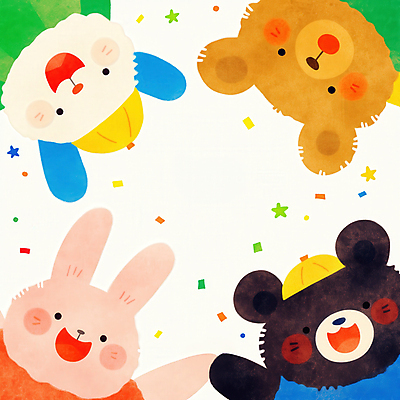 JPG 기념일 동물캐릭터 일러스트 곰 미소 사람없음 컬러풀 축하 토끼 양 어린이날 꽃가루 유치원모자 국내일러스트 일러캐릭터 AI일러스트 AI콘텐츠 동물 캐릭터 모자_잡화 컬러 컨셉 포유류 표정 이벤트 반려동물 가루 파일형식