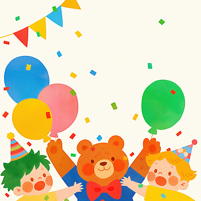 JPG 여자 남자 행복 어린이 동물캐릭터 일러스트 미소 소녀 소년 상반신 두명 컬러풀 파티 만세 고깔모자 어린이날 즐거움 풍선 어린이용 어린이만 국내일러스트 일러캐릭터 AI일러스트 AI콘텐츠 동물 캐릭터 모자_잡화 기념일 감정 컬러 모션 표정 사람 이벤트 파일형식