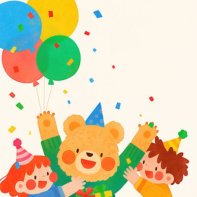 JPG 여자 남자 행복 어린이 일러스트 밝음 미소 소녀 소년 두명 컬러풀 파티 곰인형 만세 고깔모자 축하 어린이날 즐거움 풍선 어린이만 국내일러스트 AI일러스트 AI콘텐츠 모자_잡화 기념일 감정 인형 컬러 컨셉 모션 표정 사람 이벤트 파일형식