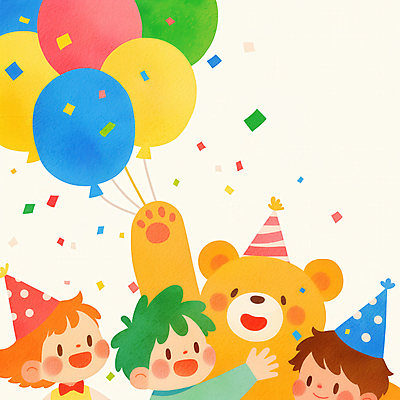 JPG 여자 남자 행복 어린이 동물캐릭터 일러스트 곰 미소 웃음 소녀 소년 세명 컬러풀 파티 귀여움 만세 고깔모자 어린이날 즐거움 파티용품 꽃가루 풍선 어린이만 국내일러스트 일러캐릭터 AI일러스트 AI콘텐츠 동물 캐릭터 모자_잡화 기념일 감정 컬러 컨셉 포유류 모션 표정 사람 이벤트 가루 이벤트용품 파일형식