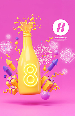 PSD 편집이미지 기념일 분홍색 폭죽 불꽃놀이 사람없음 선물상자 축하 8 샴페인 꽃가루 오너먼트 이미지편집 컬러 컨셉 크리스마스장식 놀이 주류 선물 이벤트 상자 숫자 가루 파일형식