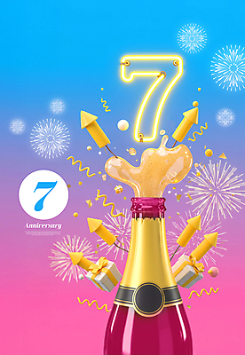 PSD 편집이미지 기념일 분홍색 하늘색 폭죽 불꽃놀이 사람없음 선물상자 축하 샴페인 꽃가루 그라데이션 7 이미지편집 컬러 컨셉 놀이 주류 선물 이벤트 파란색 상자 숫자 가루 파일형식