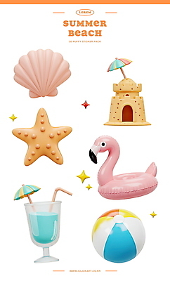 PSD 편집이미지 스티커 조개 불가사리 빨대 해변 사람없음 여름 반짝임 세트 3D 칵테일 비치볼 오브젝트 칵테일잔 모래성 종이우산 플라밍고튜브 편집3D 계절 모래 바다 술잔 우산 공 모션 어패류 극피동물 바캉스용품 주류 디지털합성 튜브 파일형식