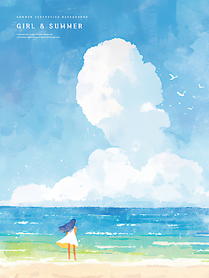 PSD 구름 여자 어린이 파도 일러스트 자연 갈매기 하늘 바람 한명 소녀 해변 파란색 여름풍경 자유 시원함 감성 소녀한명만 수평선 청량 국내일러스트 자연요소 1 바다 컬러 컨셉 조류 날씨 사람 풍경 생태계 여자한명만 소녀만 파일형식 여름_계절